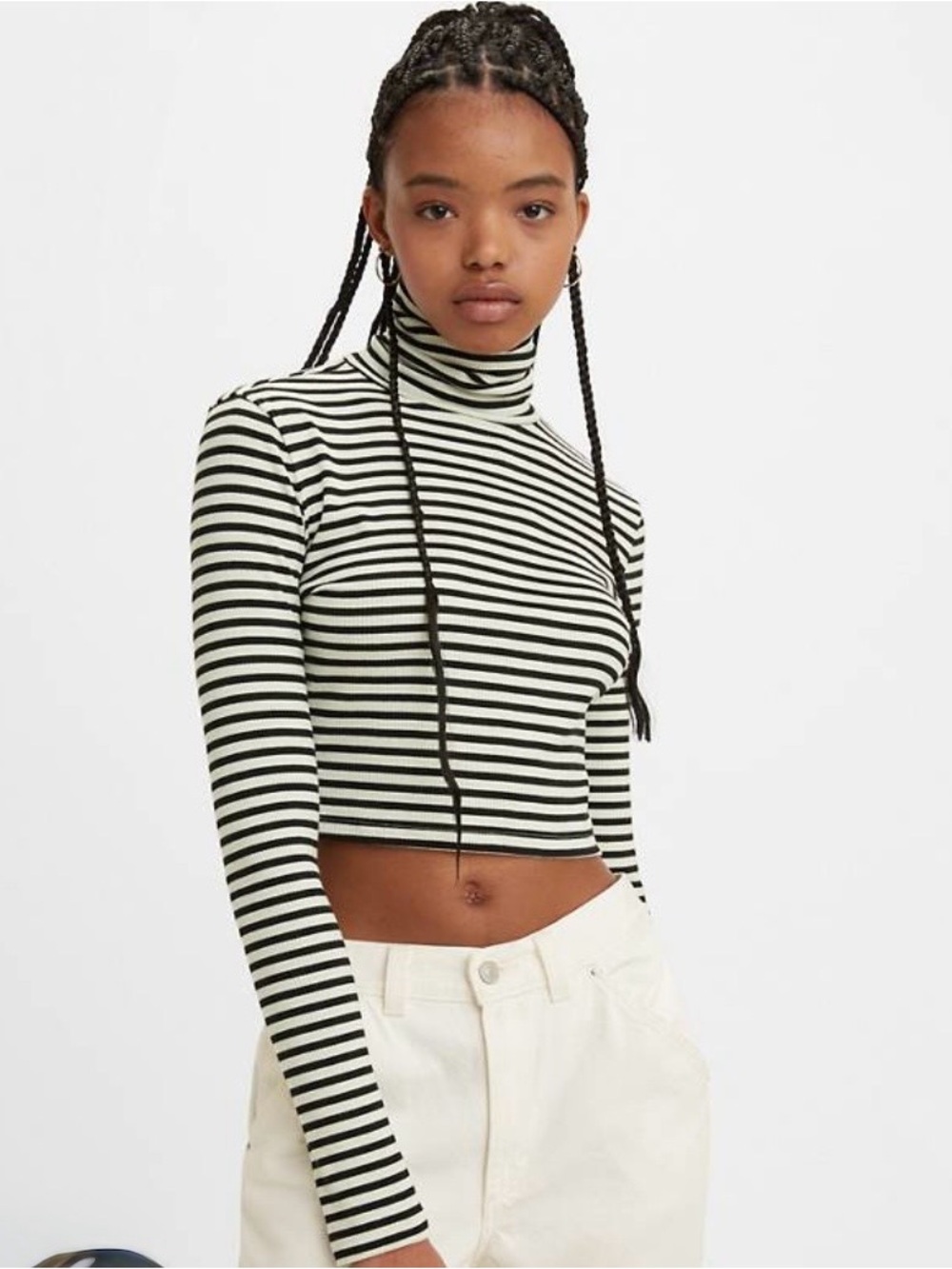 Levi's Black & White Striped Turtleneck Long Sleeve Crop Top